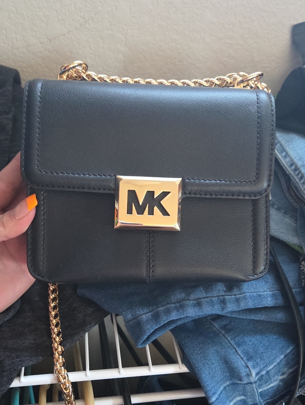 Michael Kors Black Leather Crossbody with Gold MK Lock